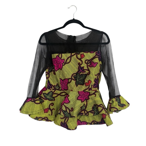 Labisi Adrian Custom Bridal Vibrant Floral Peplum Ankara with Sheer Sleeves - Picture 1 of 11